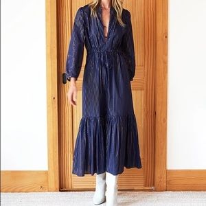 Emerson Fry - Frances Long Midi Maxi Dress Navy Metallic Stripe Maritime Lurex